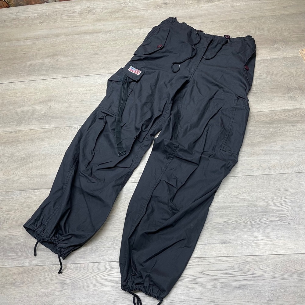 UFO Cargo Pants Unisex M Black Y2K Baggy Rave Parachute Drawstring Gorpcore